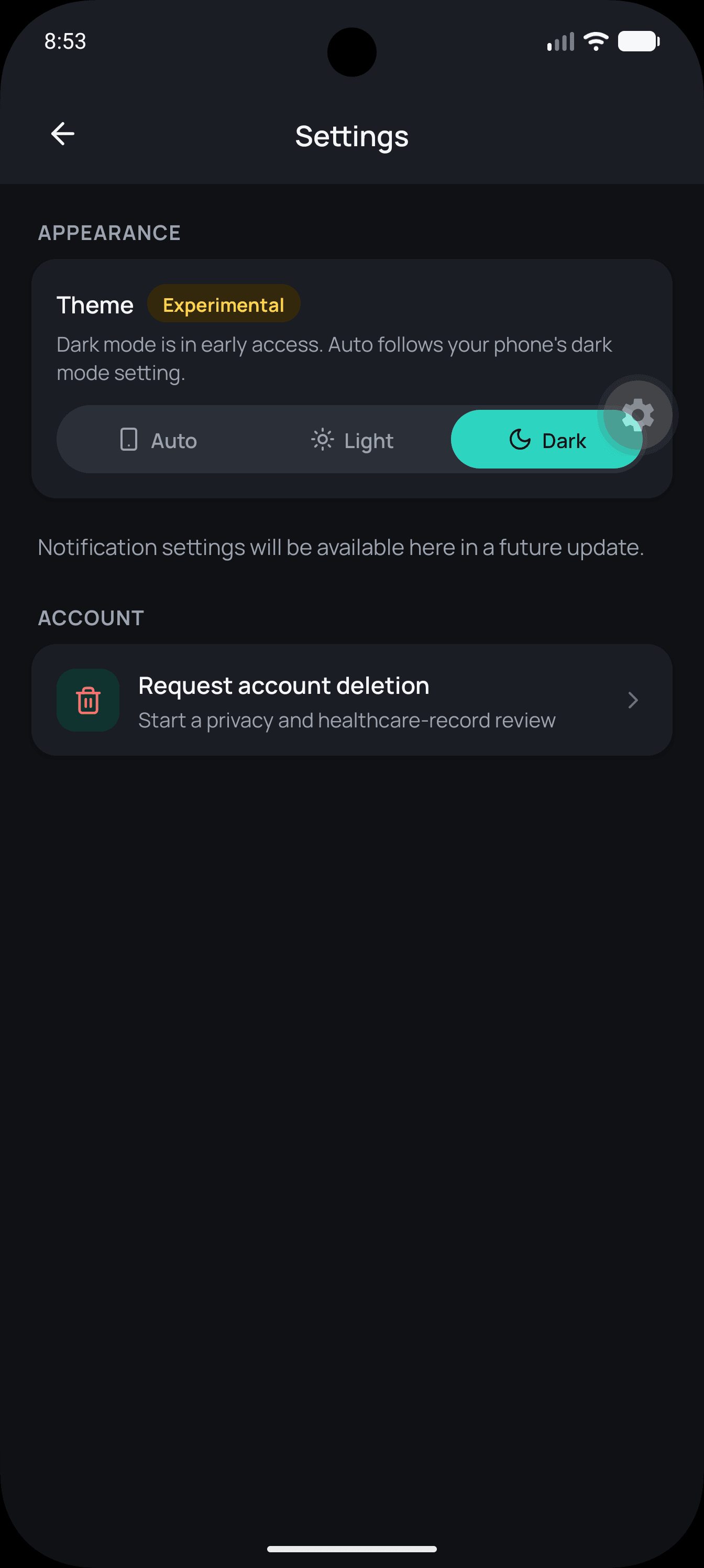 Settings screen with Request account deletion option