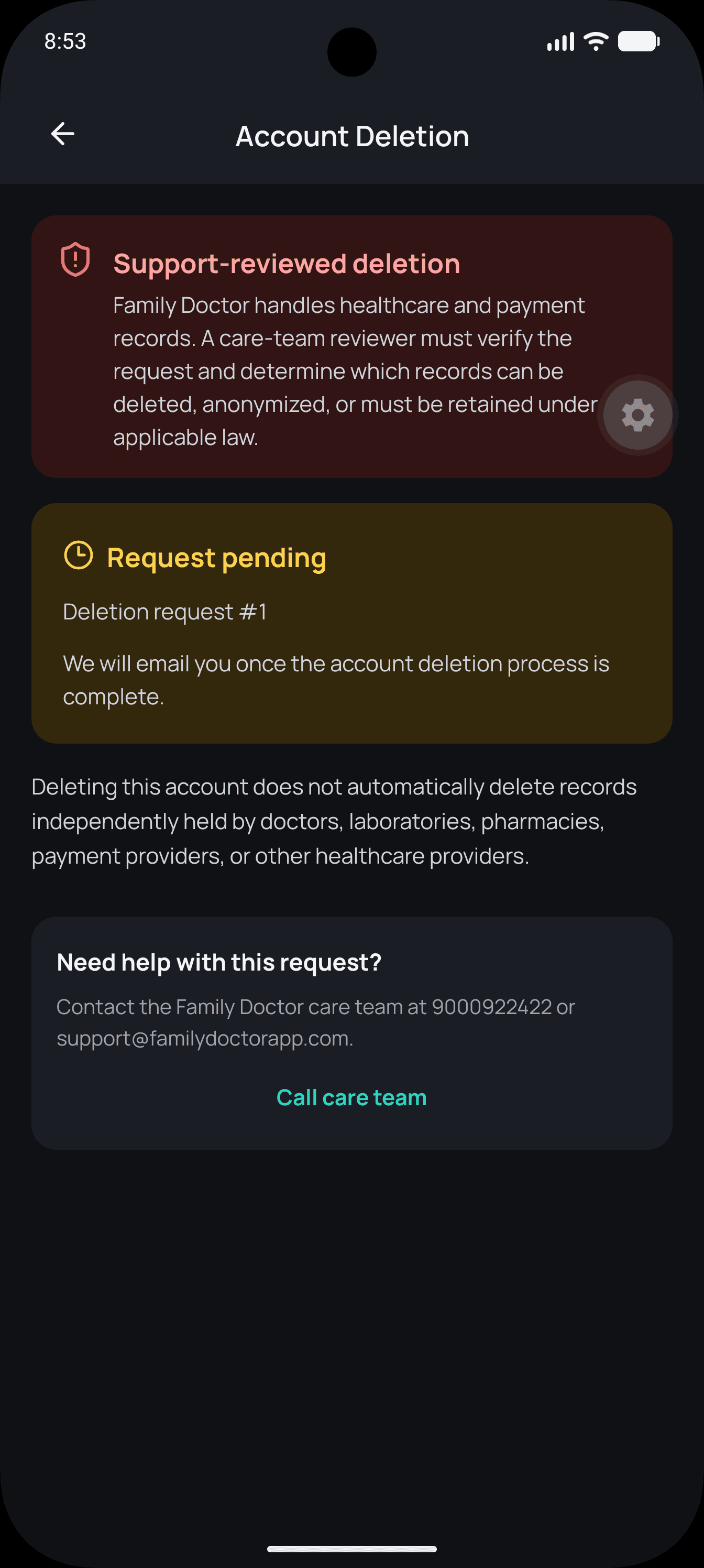 Account Deletion screen with support-reviewed deletion details