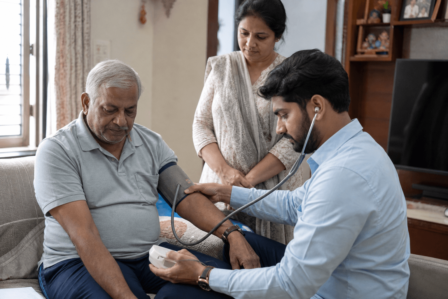 Indian doctor checking blood pressure for an elderly parent during elderly healthcare at home