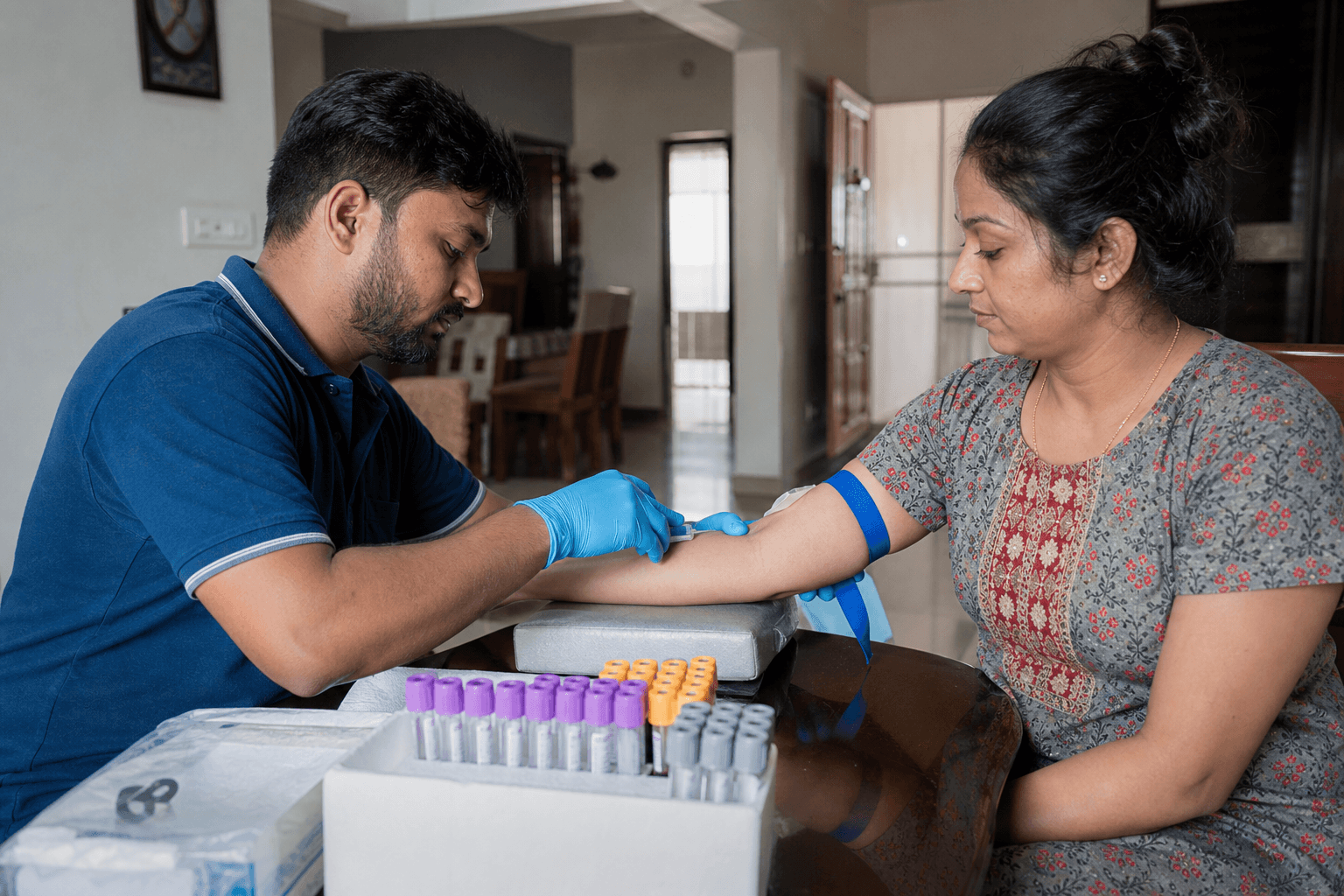 Indian lab technician collecting a blood sample at a patient home in Hyderabad