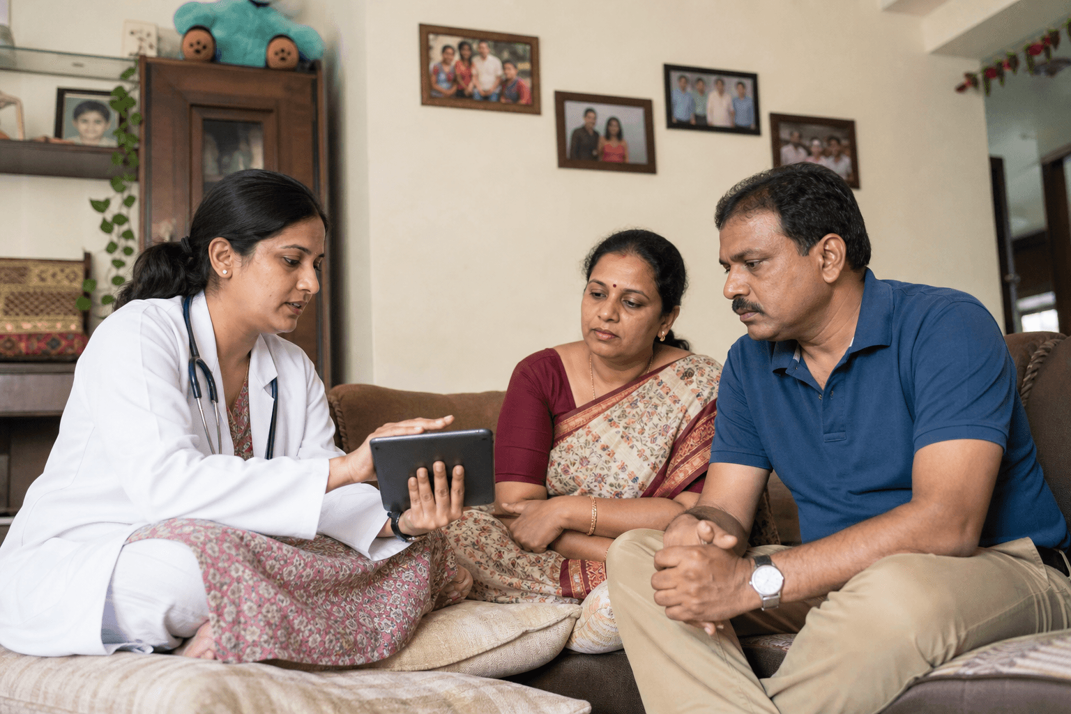 Indian doctor discussing a family healthcare plan during a home visit in Hyderabad