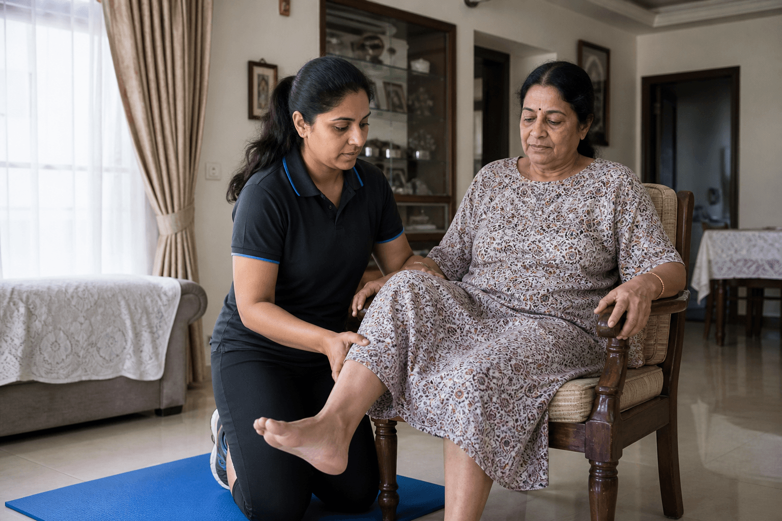 Indian physiotherapist guiding an elderly patient through exercises at home in Hyderabad