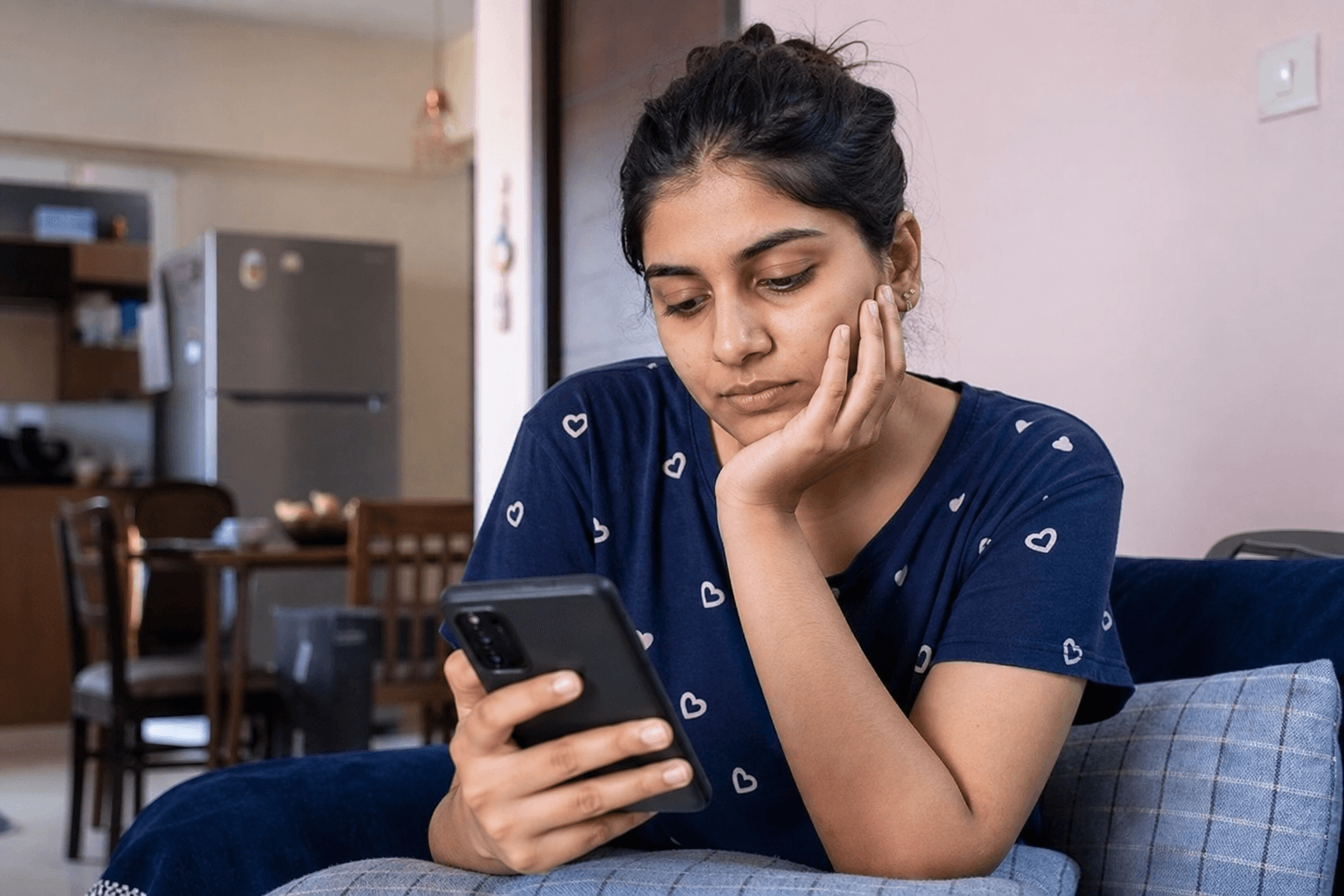 Indian woman at home in Hyderabad choosing a home healthcare service on her phone
